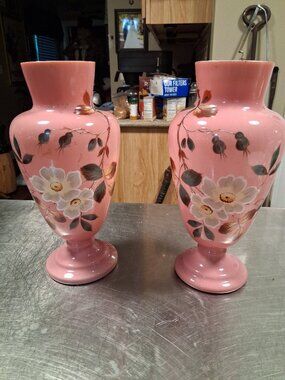 pair of pink opaline victorian bristol glass